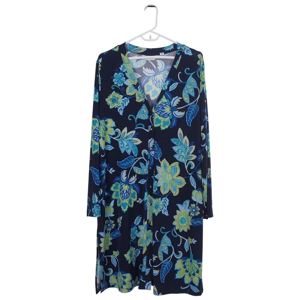 Susan Graver Cardigan 1X Blue Floral Print Button Up Long Sleeve Pockets Stretch